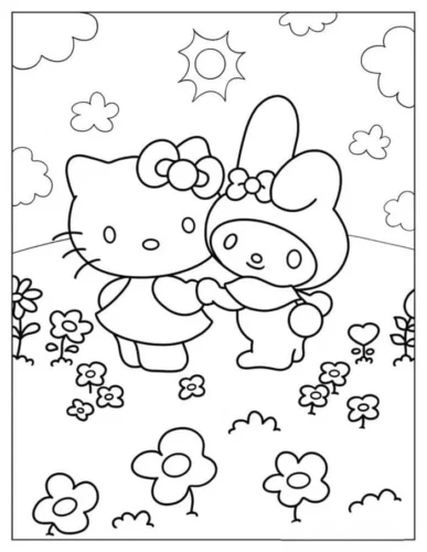 My Melody và Hello Kitty giữa hoa