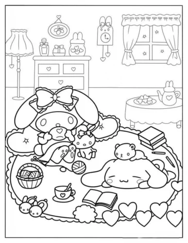 My Melody trong phòng đầy bánh và sách
