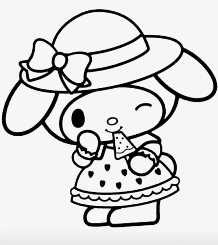 My Melody đội mũ rộng vành mặc váy dâu