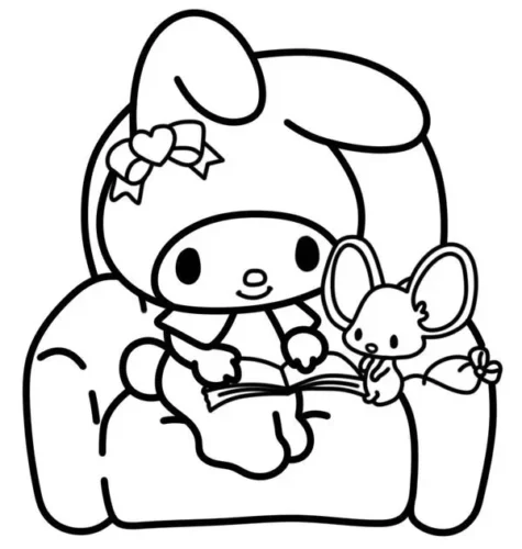 My Melody và chuột nhỏ đọc sách trên ghế