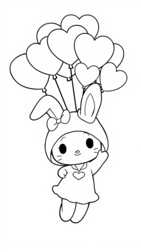 My Melody bay cùng chùm bóng bay trái tim