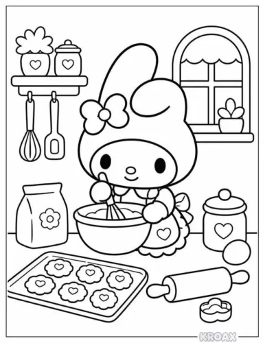 My Melody làm bánh trong bếp