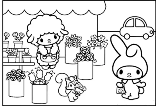 My Melody bên quầy hoa