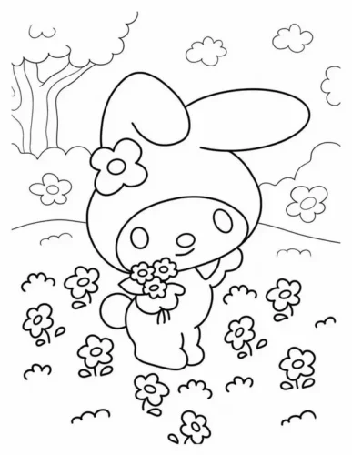 My Melody cầm bó hoa dưới gốc cây