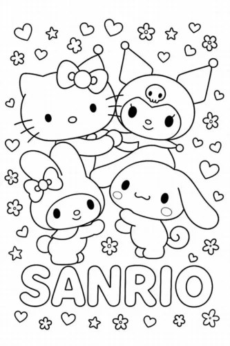 Hello Kitty, Kuromi, My Melody và Cinnamoroll dưới chữ Sanrio