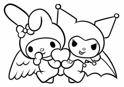 Tranh tô màu my Melody thiên thần và Kuromi có cánh dơi