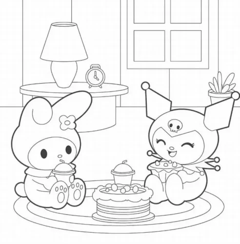Hình tô màu my Melody và Kuromi ăn bánh trong phòng