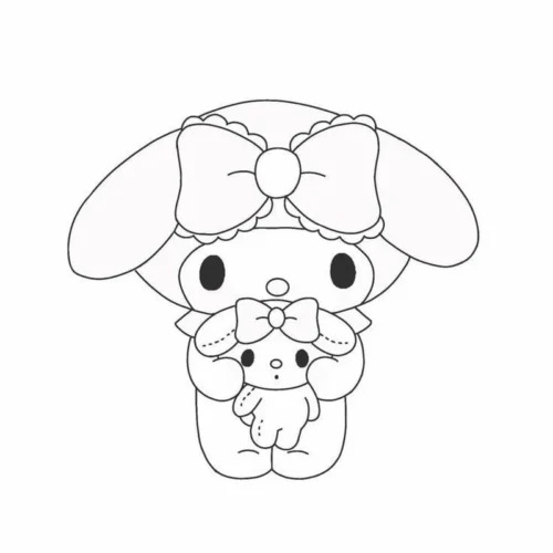 Tranh tô màu my Melody ôm thỏ bông, nét mảnh
