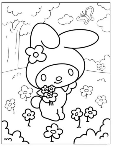 Mẫu tô màu my Melody cầm hoa giữa rừng