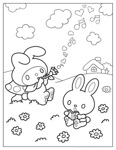 Tranh tô màu my Melody và thỏ con giữa đồng cỏ