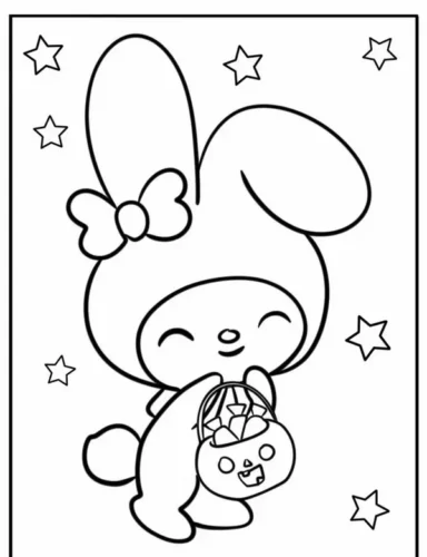 Hình tô màu my Melody cầm giỏ giữa các ngôi sao
