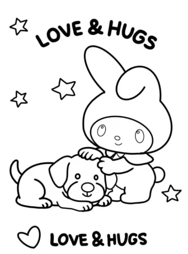 Hình tô màu my Melody ôm cún con dưới chữ Love & Hugs