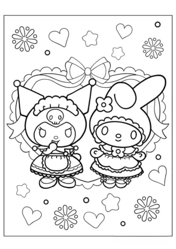 Mẫu tô màu my Melody và Kuromi trong khung tim