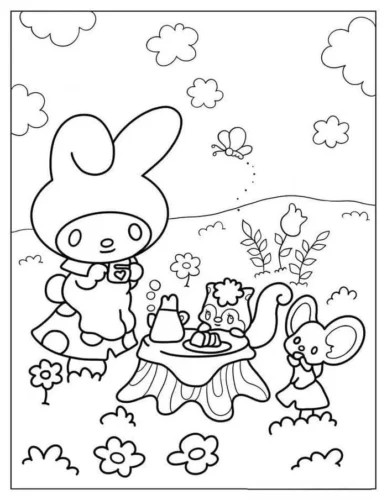 Tranh tô màu my Melody bên bàn trà với chuột nhỏ