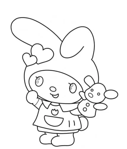 Hình tô màu my Melody ôm thỏ bông, nét mảnh