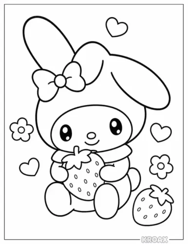 Mẫu tô màu my Melody ôm quả dâu giữa trái tim