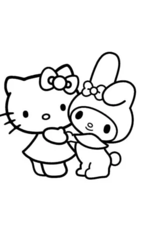 Mẫu tô màu hello Kitty và My Melody ôm nhau