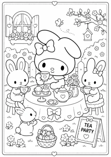 Hình tô màu my Melody dự tiệc trà cùng thỏ con
