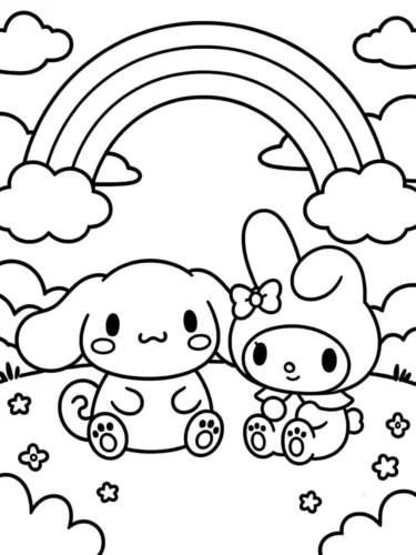 Tranh tô màu my Melody và Cinnamoroll dưới cầu vồng