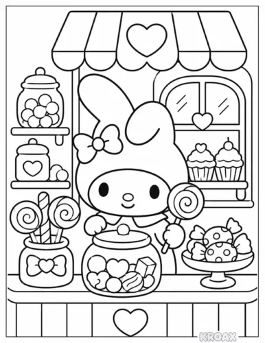 Hình tô màu my Melody trong tiệm kẹo
