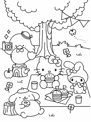 Hình tô màu my Melody và các bạn picnic dưới cây