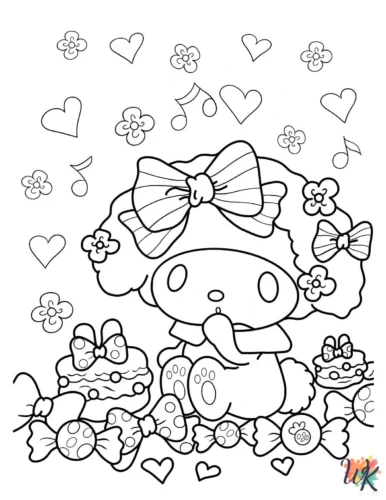 Mẫu tô màu my Melody giữa hoa và dâu tây