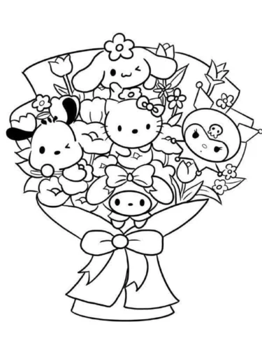 Hình tô màu bó hoa các bạn Sanrio có My Melody