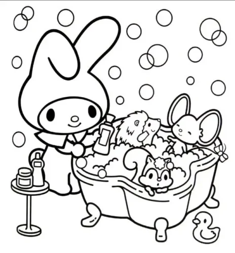 Hình tô màu my Melody tắm bồn cùng bạn nhỏ