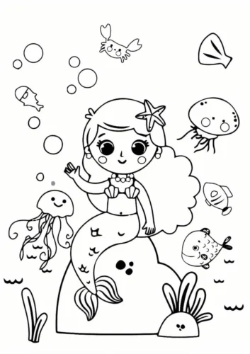 Nàng tiên cá nhí ngồi trên đá giữa cua