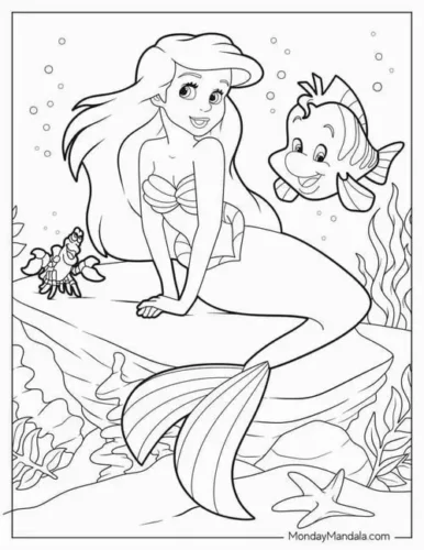Mẫu tô màu ariel ngồi trên đá cạnh Flounder