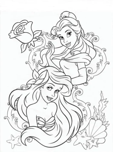 Hình tô màu ariel và nàng công chúa giữa hoa hồng