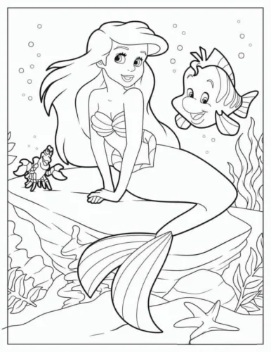 Tranh tô màu ariel ngồi trên đá bên Flounder