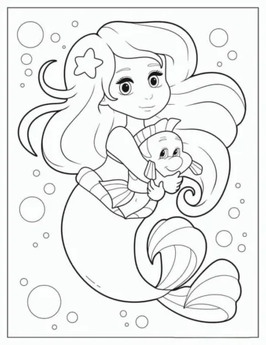 Mẫu tô màu ariel ôm Flounder giữa bong bóng