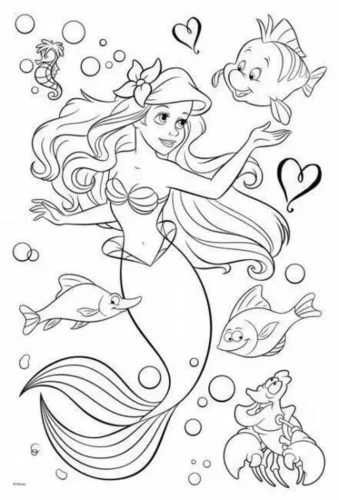 Mẫu tô màu ariel bơi giữa cá và trái tim
