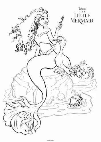 Tranh tô màu ariel ngồi trên đá dưới chữ Little Mermaid