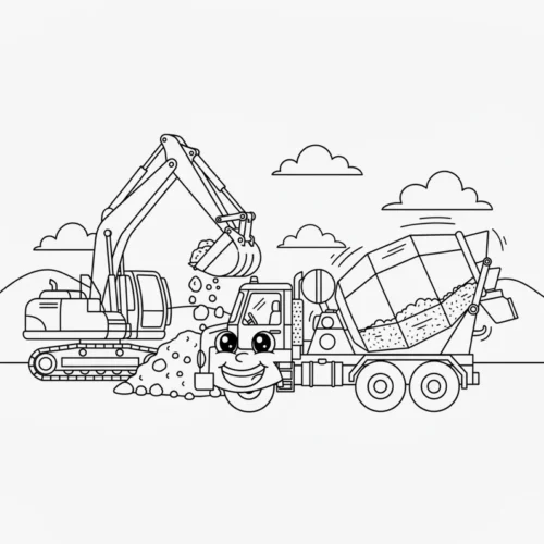 Xe trộn bê tông và máy xúc