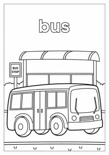 Hình tô màu xe buýt ở trạm dưới chữ bus