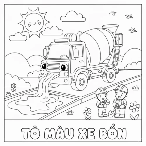 Hình tô màu xe bồn và các bạn nhỏ