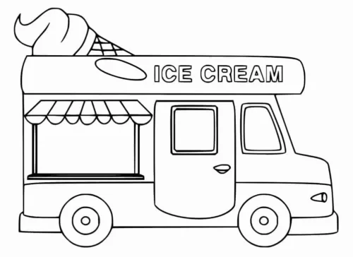 Mẫu tô màu xe bán kem dưới chữ Ice Cream nét mảnh