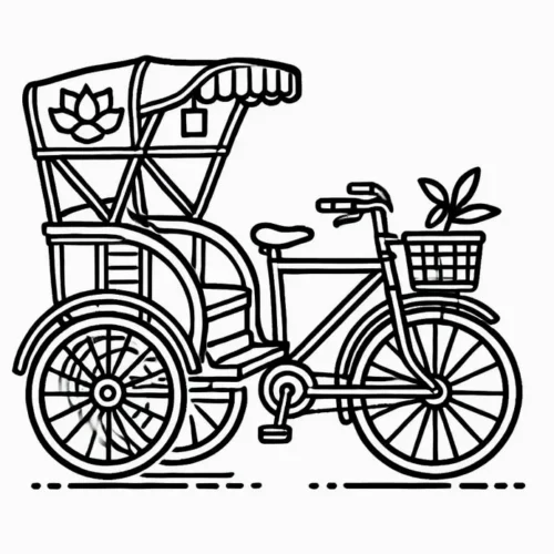 Tranh tô màu xích lô chở giỏ hoa
