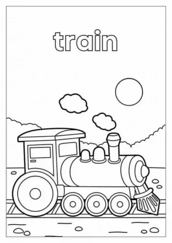 Mẫu tô màu tàu hoả dưới chữ train nét mảnh