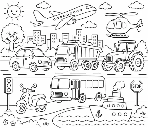Tranh tô màu phố đông xe: ô tô, xe buýt, máy cày, thuyền