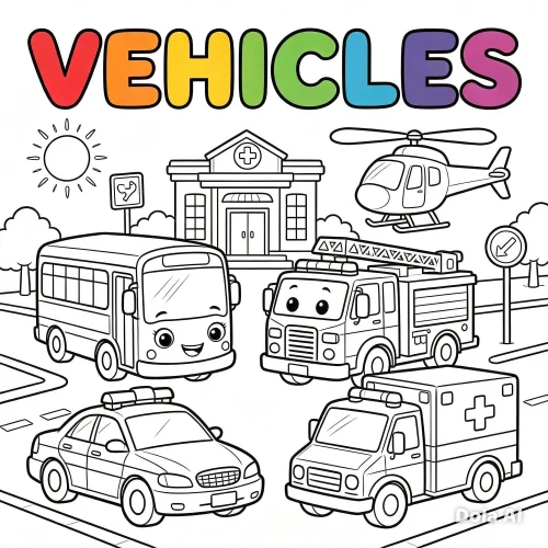 Tranh tô màu xe cứu hoả, xe buýt, xe cảnh sát dưới chữ Vehicles