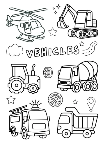 Tranh tô màu phương tiện công trình dưới chữ Vehicles