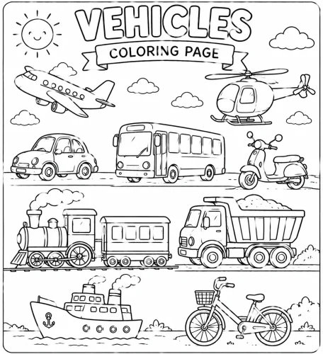 Trang phương tiện dưới chữ Vehicles Coloring Page
