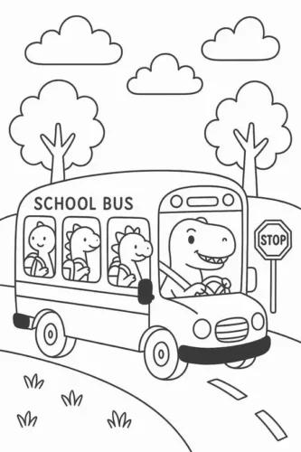 Hình tô màu xe buýt trường học chở thú bên biển STOP
