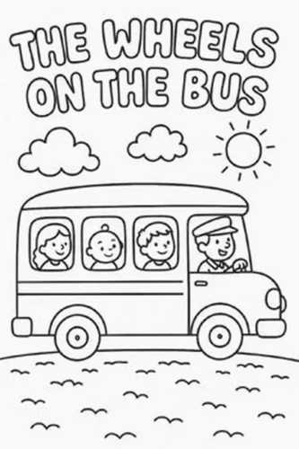 Mẫu tô màu xe buýt dưới chữ The Wheels on the Bus