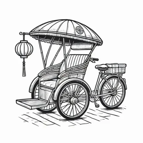 Mẫu tô màu xích lô có ô và đèn lồng