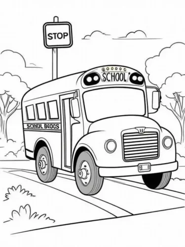 Mẫu tô màu xe buýt trường học bên biển STOP