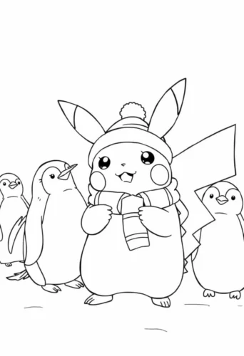 Pikachu quàng khăn cùng chim cánh cụt
